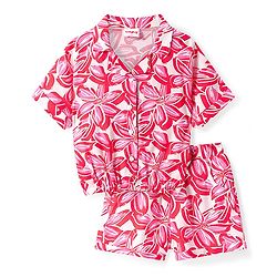 Babyhug Rayon Woven Half Sleeves Shirt Styled Top & Shorts Co-Ord Set With Floral Print - Red & White
