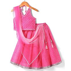 Babyhug Woven Sleeveless Leheriya Printed Lehenga Choli With Dupatta - Dark Pink