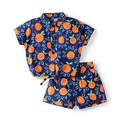 Babyhug Rayon Woven Half Sleeves Co-ords Top & Shorts Set with Orange Print - Navy Blue