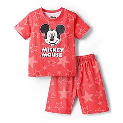 Babyhug Disney Single Jersey Knit Half Sleeves Shorts Night Suit with Mickey Mouse Graphics - Red