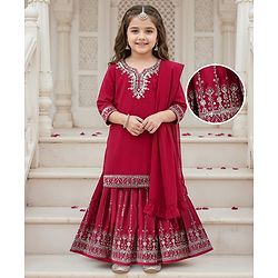 Babyhug Woven Three Fourth Sleeves   Long Choli With Lehenga And Dupatta Set with Floral Embroidery - Dark Pink