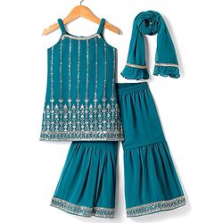 Babyhug Woven Sleeveless Georgette Embroidered Kurti Gharara with Dupatta - Teal Blue