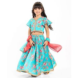 Babyhug Woven Half Frill Sleeves Floral Printed Choli Lehenga Set with Dupatta & Lace Detailing - Aqua Blue