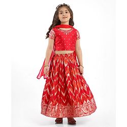 Babyhug Woven Half Sleeves Choli Lehenga Set With Foil Print & Dupatta - Red