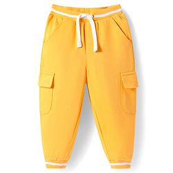 Babyhug Cotton Looper Knit Full Length Solid Lounge Pant With Cargo Pockets - Yellow