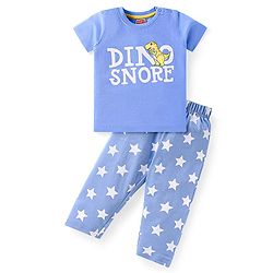 Babyhug Cotton Knit Half Sleeves Night Suit with Dino & Star Print - Light Blue