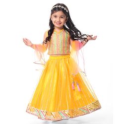 Babyhug Woven Sleeveless Choli Lehenga Set And Dupatta With Net Embroidery & Lace Detailing - Yellow
