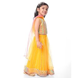 Babyhug Woven Sleeveless Choli Lehenga Set And Dupatta With Net Embroidery & Lace Detailing - Yellow