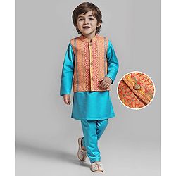 Babyhug Woven Full Length Foil Printed Kurta Pyjama Set With Brocade Jacket - Teal Blue