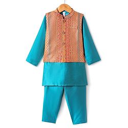 Babyhug Woven Full Length Foil Printed Kurta Pyjama Set With Brocade Jacket - Teal Blue