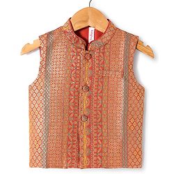 Babyhug Woven Full Length Foil Printed Kurta Pyjama Set With Brocade Jacket - Teal Blue