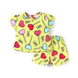 Babyhug Cotton Knit Half Sleeves Co-ords Shorts Night Suit with Hearts Print - Yellow
