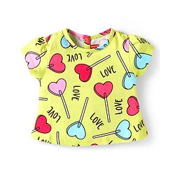 Babyhug Cotton Knit Half Sleeves Co-ords Shorts Night Suit with Hearts Print - Yellow