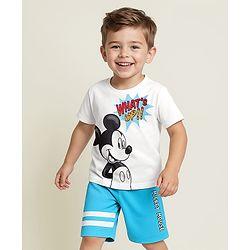 Babyhug Disney Single Jersey Knit Half Sleeves Shorts Night Suit With Mickey Mouse Graphic - White & Light Blue