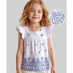 Babyhug Cotton Woven Frill Sleeves Top with Floral Embroidery - White