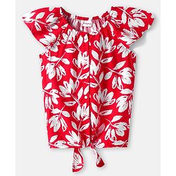 Babyhug Rayon Woven Cap Sleeves Front Open Top With Floral Print & Knot Detailing - Red