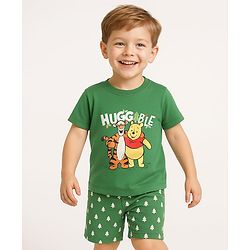 Babyhug Disney Single Jersey Knit Half Sleeves Shorts Night Suit With Winnie & Friends Graphic - Dark Green