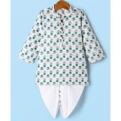 Babyhug Cambric Woven Full Sleeves Kurta Dhoti Set With Floral Print - White