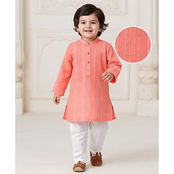 Babyhug Woven Full Sleeves Kurta Pyjama Set With Stripes - Coral