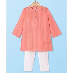 Babyhug Woven Full Sleeves Kurta Pyjama Set With Stripes - Coral