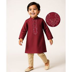 Babyhug Full Sleeves Brocade Kurta & Dhoti Set Ethnic Design - Coral main image 1
