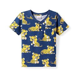 Babyhug Cotton Knit Half Sleeves Henley Neck T-Shirt with Tiger Print - Navy Blue