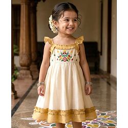 Babyhug Woven Frill Sleeves South Cotton Pattu Ethnic Dress with Floral Embroidery - Off White
