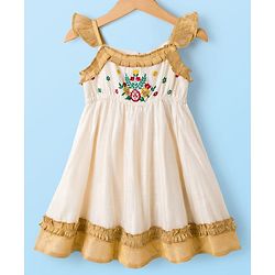 Babyhug Woven Frill Sleeves South Cotton Pattu Ethnic Dress with Floral Embroidery - Off White