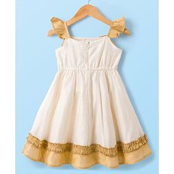 Babyhug Woven Frill Sleeves South Cotton Pattu Ethnic Dress with Floral Embroidery - Off White
