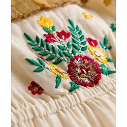 Babyhug Woven Frill Sleeves South Cotton Pattu Ethnic Dress with Floral Embroidery - Off White