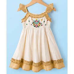 Babyhug Woven Frill Sleeves South Cotton Pattu Ethnic Dress with Floral Embroidery - Off White