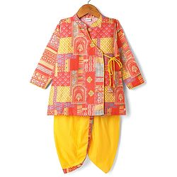 Babyhug Cotton Cambric Printed Angarakha Kurta & Dhoti Set - Coral