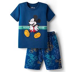 Babyhug Disney Single Jersey Knit Half Sleeves Shorts Night Suit With Mickey Mouse Graphic - Navy Blue