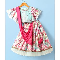 Babyhug Woven Flutter Sleeves Choli Lehenga & Dupatta Set with Floral Print - Blue & Pink