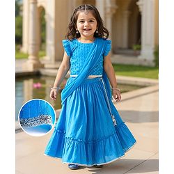 Babyhug Woven Frill Sleeves Lehenga Choli Set And Dupatta With Sequinned Embroidery & Lace Detailing - Blue