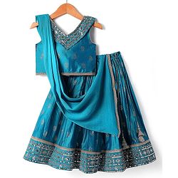 Babyhug Woven Sleeveless Sequecned Embroidered  Choli Lehenga Set with Dupatta & Tassel Detailing - Teal Blue