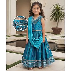 Babyhug Woven Sleeveless Sequecned Embroidered  Choli Lehenga Set with Dupatta & Tassel Detailing - Teal Blue