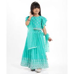 Babyhug Woven Half Frill Sleeves Floral Embroidered Choli Lehenga Set with Dupatta & Sequin Detailing - Aqua Blue