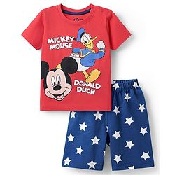 Babyhug Disney Single Jersey Knit Half Sleeves Shorts Nightsuit With Mickey & Friends Graphic - Red & Navy Blue
