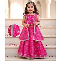 Babyhug Woven Sleeveless Ethnic Motif Printed & Floral Embroidered Choli Lehenga Set with Long Jacket & Lace Detailing - Fuchsia