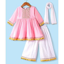 Babyhug Woven Three Fourth Sleeves Chanderi Embroidered Kurti Palazzo Set With Dupatta - Pink
