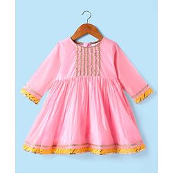 Babyhug Woven Three Fourth Sleeves Chanderi Embroidered Kurti Palazzo Set With Dupatta - Pink