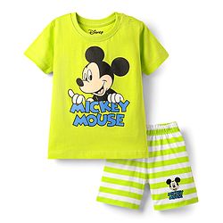Babyhug Disney Single Jersey Knit Half Sleeves Shorts Night Suit With Mickey Mouse Graphic - White & Limegreen