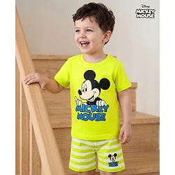 Babyhug Disney Single Jersey Knit Half Sleeves Shorts Night Suit With Mickey Mouse Graphic - White & Limegreen