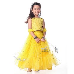 Babyhug Woven Sleeveless Choli with Flared Lehenga & Dupatta & Sequin Detailing - Yellow