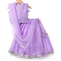 Babyhug Woven Frill Sleeves Floral Sequenced Embroidered Choli Lehenga & Dupatta Set with Tassle Detailing - Lavender