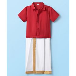 Babyhug Woven Half Sleeves Solid Color Shirt & Mundu Set - Red & White