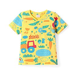 Babyhug Cotton Knit Half Sleeves Henley Neck T-Shirt with Farm Print - Yellow