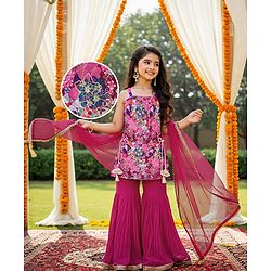 Babyhug Woven Sleeveless Georgette Embroidered Kurti & Gharara With Floral Print & Dupatta - Pink