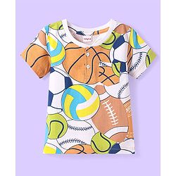 Babyhug Cotton Knit Half Sleeves Henley Neck T-Shirt With Sport Ball Print - White